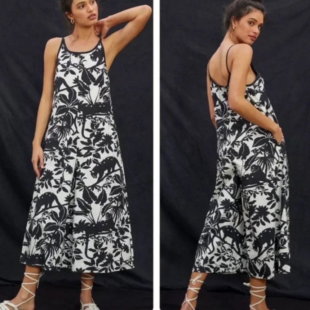 Anthropologie Maeve Black & White Chrysanthemum Wide Leg Jumpsuit - Large - NWT